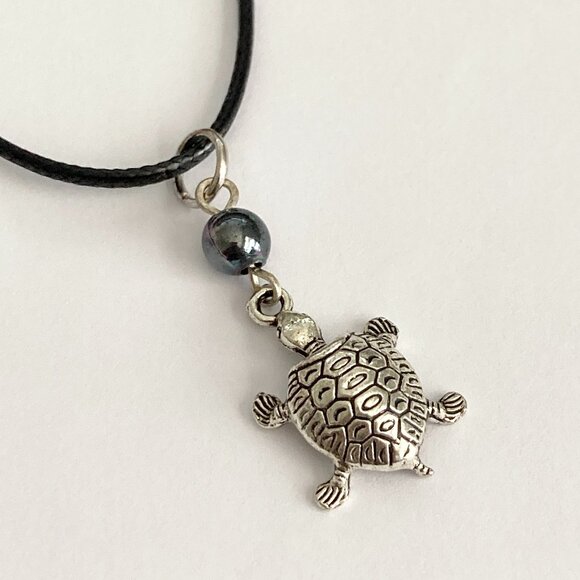 Pearl Bead Sea Turtle Necklace Silver Tone Nautical Island Beach Black Cord 17" - Picture 3 of 8